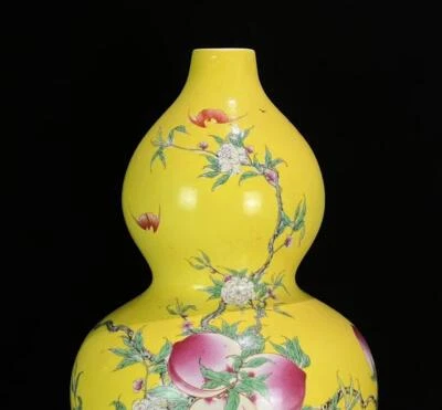 43CM Yongzheng Signed Old Chinese Yellow Glaze Porcelain Vase w/ peach N567