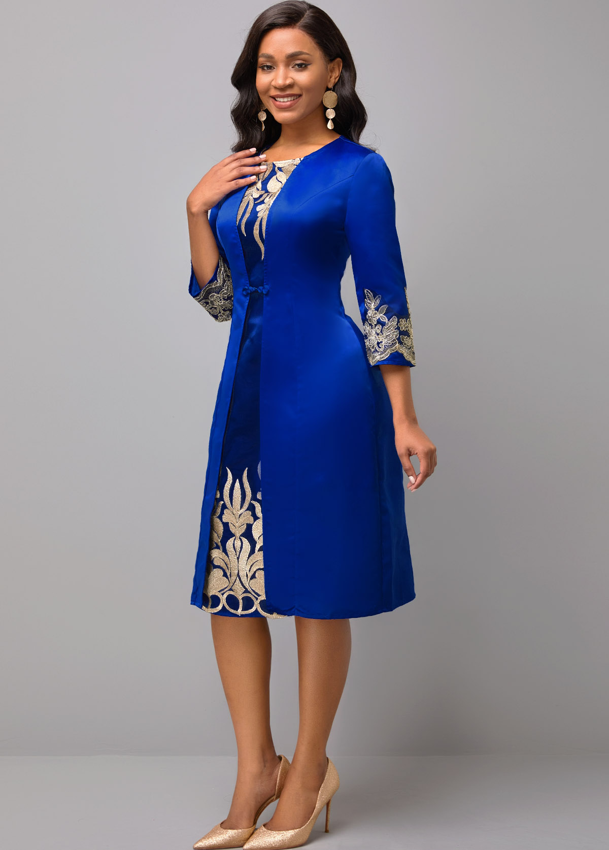 3/4 Sleeve Round Neck Embroidered Dress