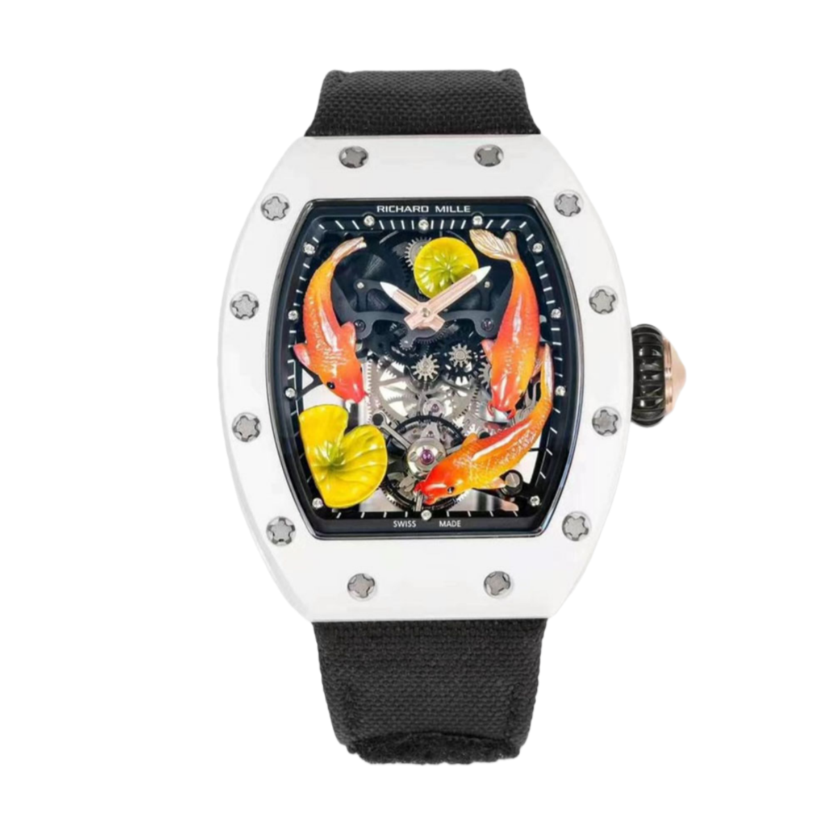【7A Quality】Replica Richard Mille RM S10 Koi Tourbillon Watch with Black Rubber Strap