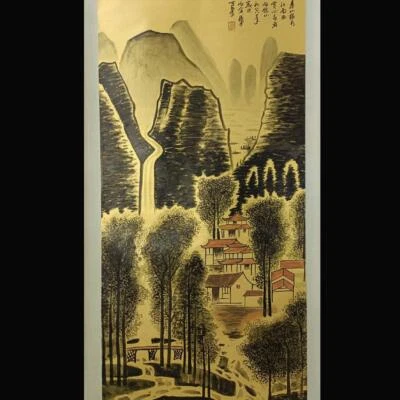 Li Keran Signed Chinese Hand Painted Calligraphy Scroll w/landscape N1790