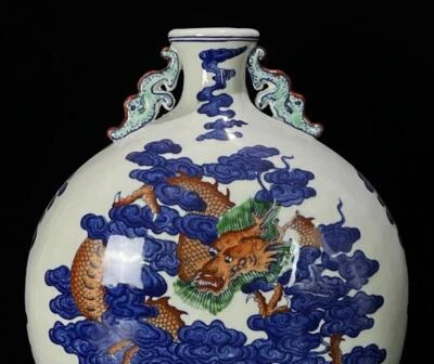 33CM Qianlong Signed Old Chinese Doucai Vase W/ dragon N487