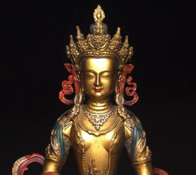 30CM Chinese Old Bronze Color Gilding Statue Buddha Q684