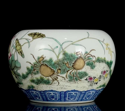 Qianlong Signed Old Chinese Famille Rose Brush Washer W/louts flower CK8