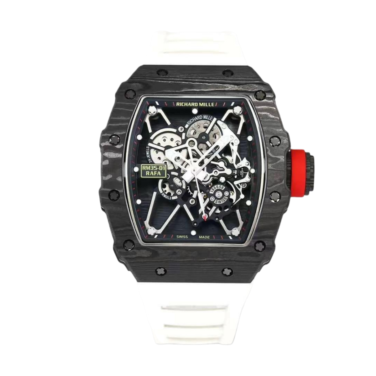 【7A Quality】Swiss Replica Richard Mille RM35-01 – Carbon Fiber Case & White Rubber Strap