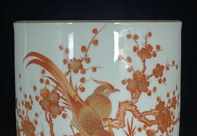 Yongzheng Signed Old Chinese Iron Red Brush Pot W/bird N861