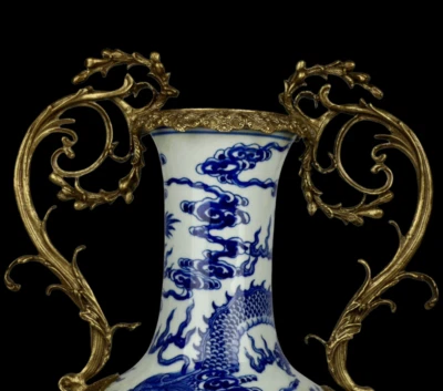 42CM Qianlong Signed Old Chinese Blue and White Vase w/dragon N3931