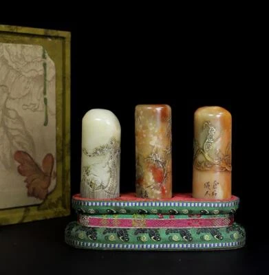 653G Three Old Chinese Shoushan Stone Seal Stamp Statue w/flower N995