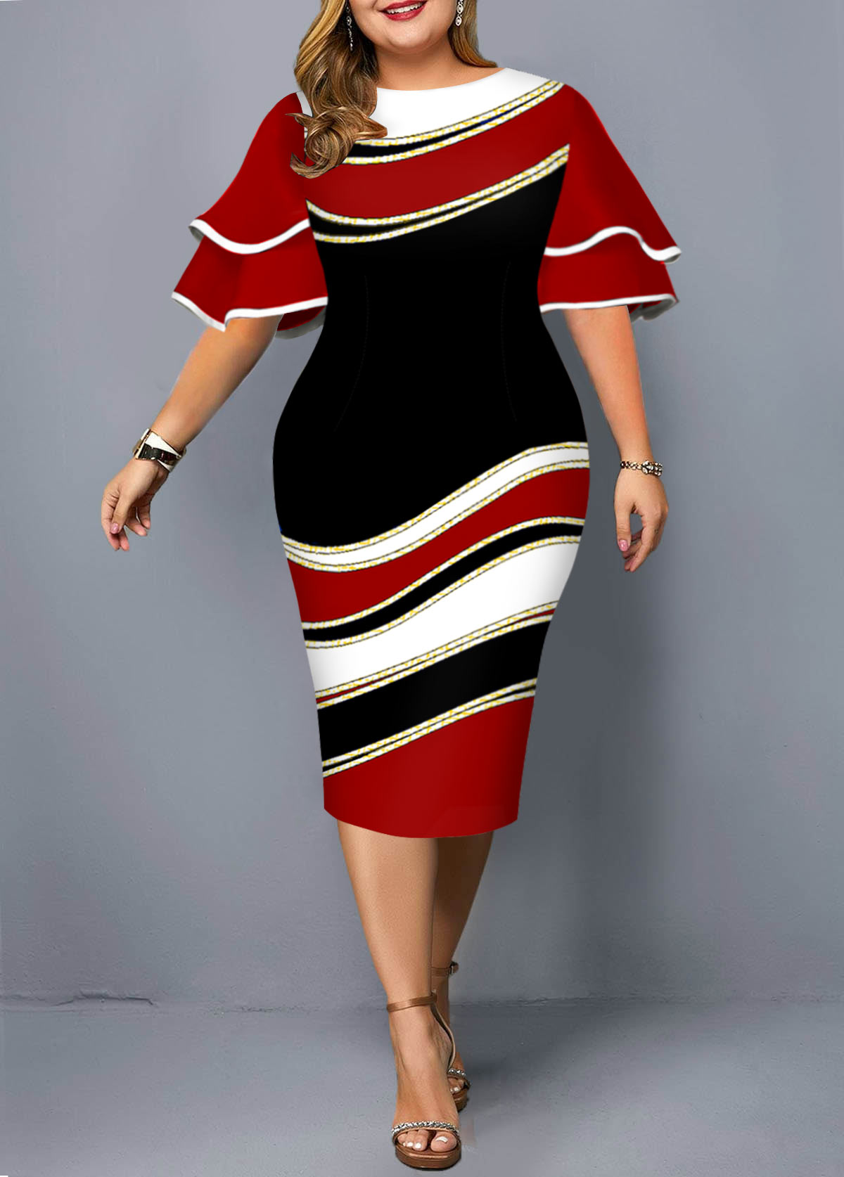 Round Neck Geometric Print Ruffle Sleeve Dress