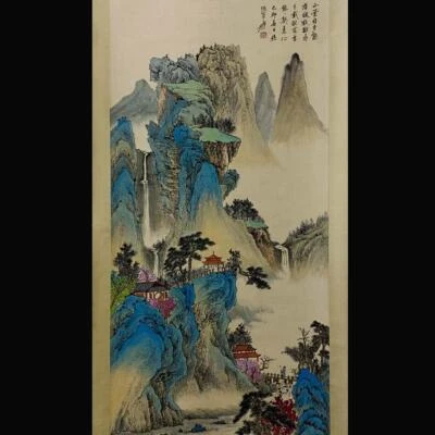 Zhang Daqian Signed Chinese Hand Painted Calligraphy Scroll w/landscape N1796
