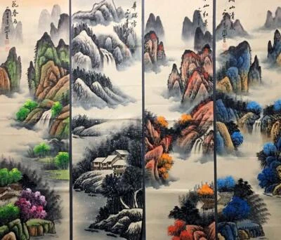 Four Guan Shanyue Chinese Hand Painted Calligraphy Scroll w/landscape N2154