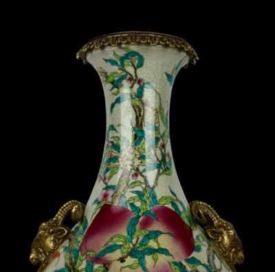 48CM Yongzheng Signed Old Chinese Famille Rose Vase w/peach N3951