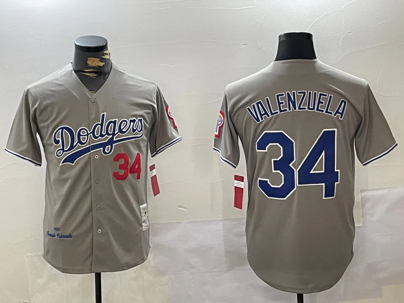 Men's Los Angeles Dodgers Fernando Valenzuela #34 Gray 1981 World Series Baseball Jersey