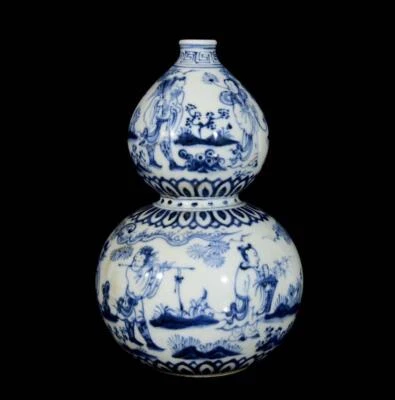 Pair Tianshun Signed Old Chinese Blue and White Gourd Vase W/figure N3166