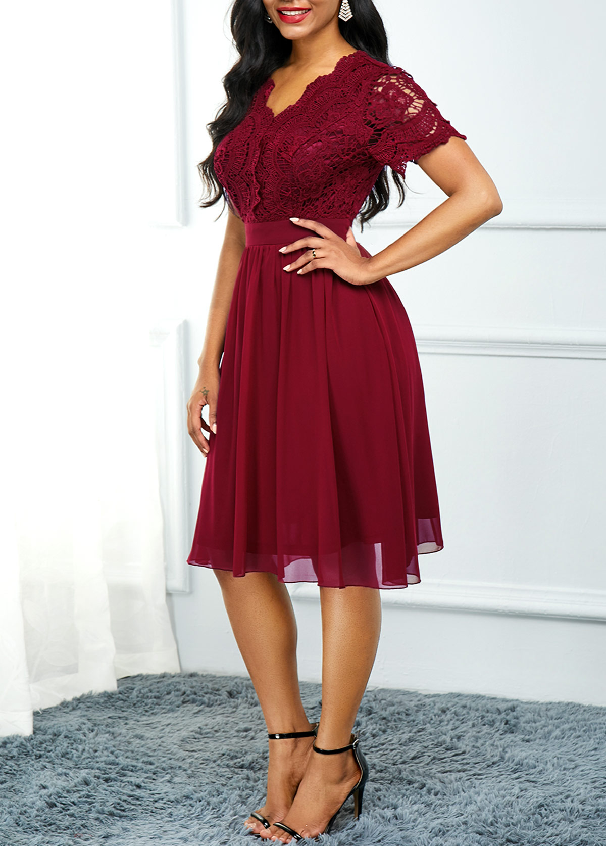 High Waist Lace Panel Short Sleeve Red Dress