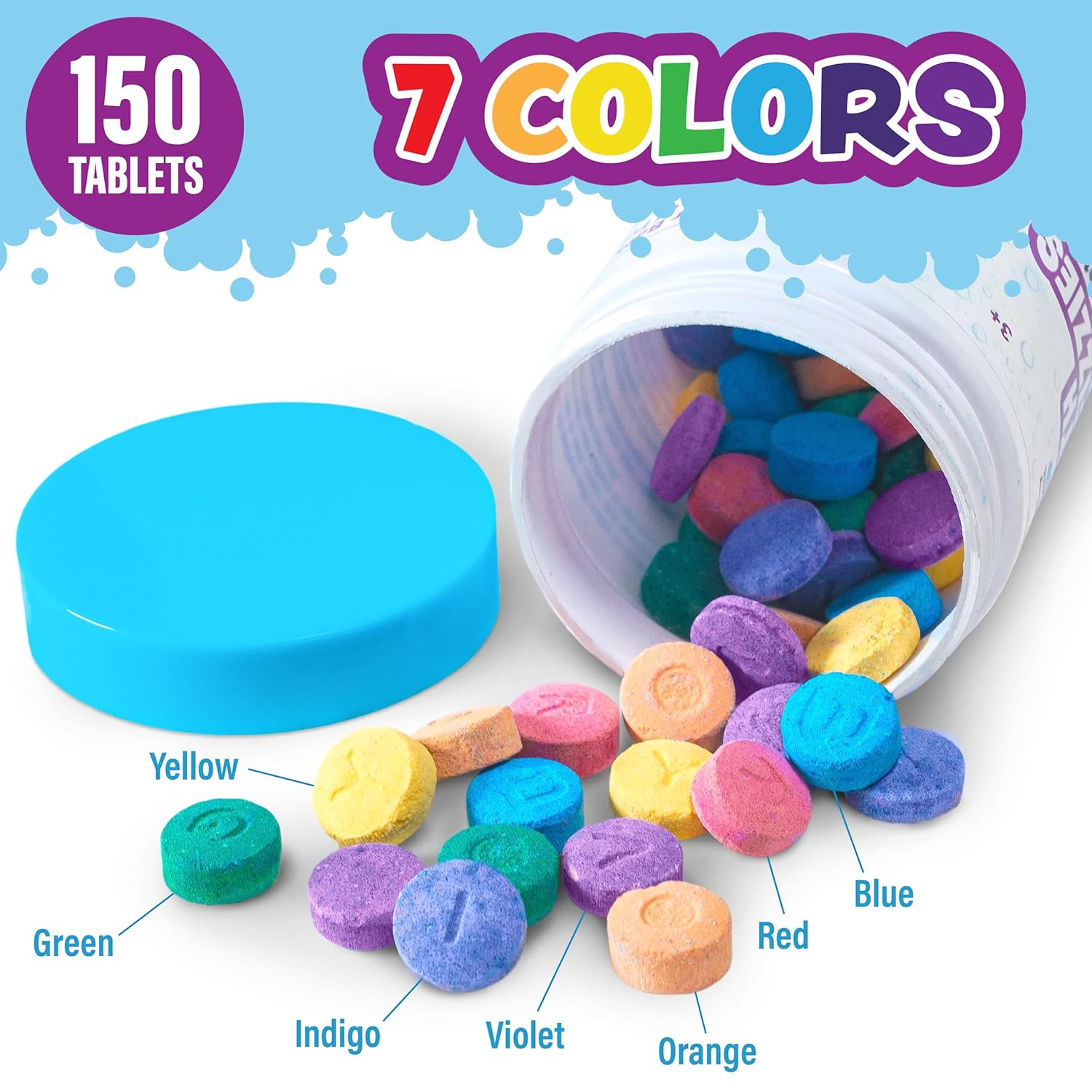 Tub Works® Bath Color Fizzies, 150 Count | Nontoxic & Fragrance-Free | Fizzy, Bath Color Tablets for Kids | Create Colorful Water Water Tablets in 7 Colors for Variety | Bath Bombs for Kids Bathtub