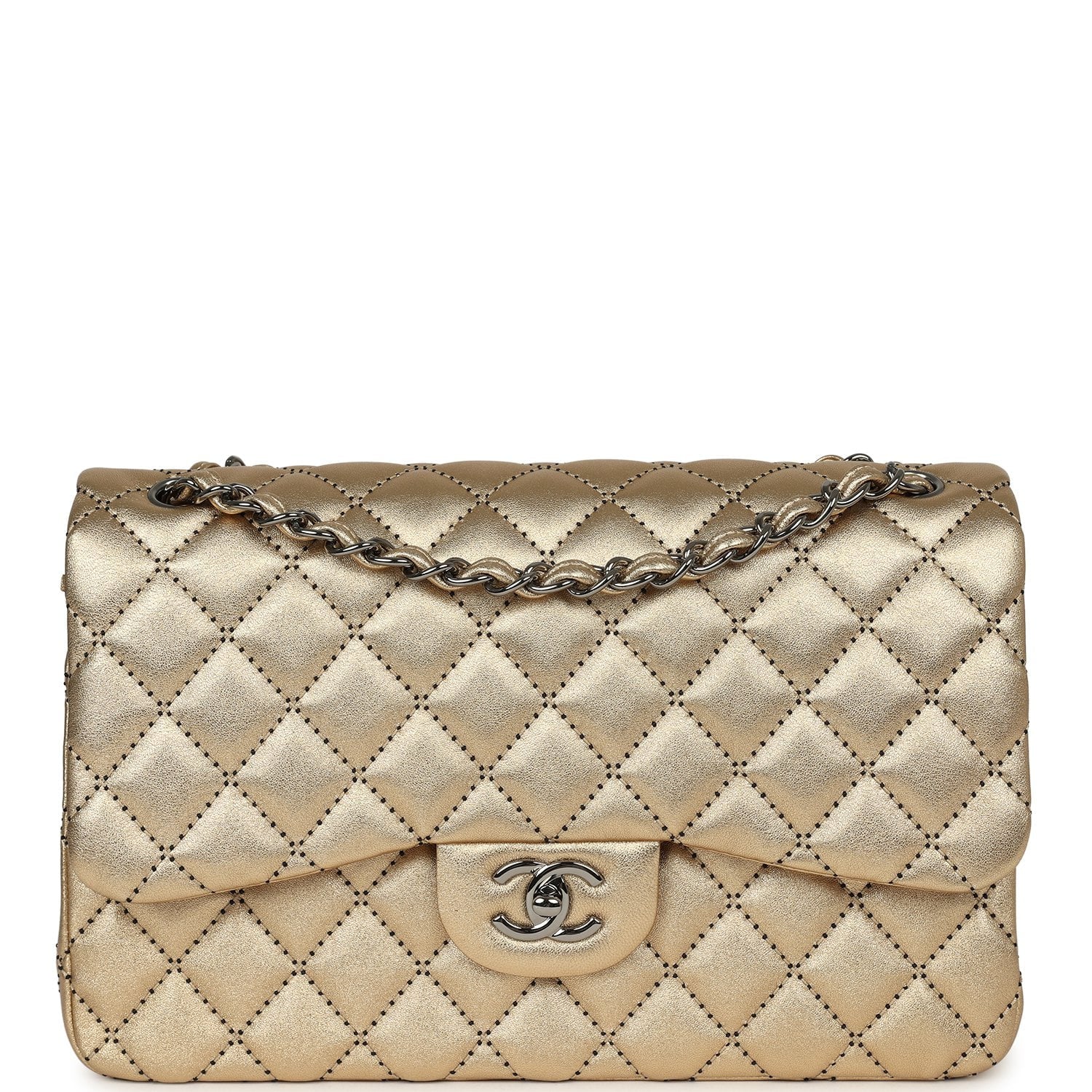 CHANEL Jumbo Classic Double Flap Bag Gold Metallic Lambskin Ruthenium Hardware