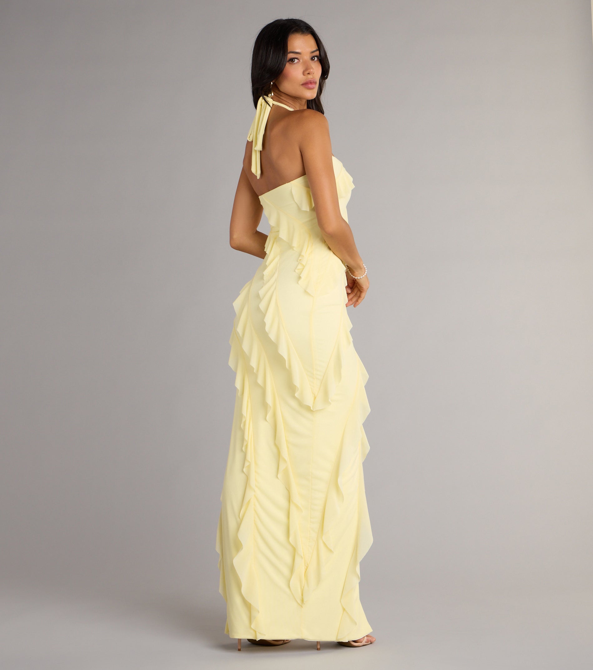 Mesh Halter Slit Ruffle Formal Dress