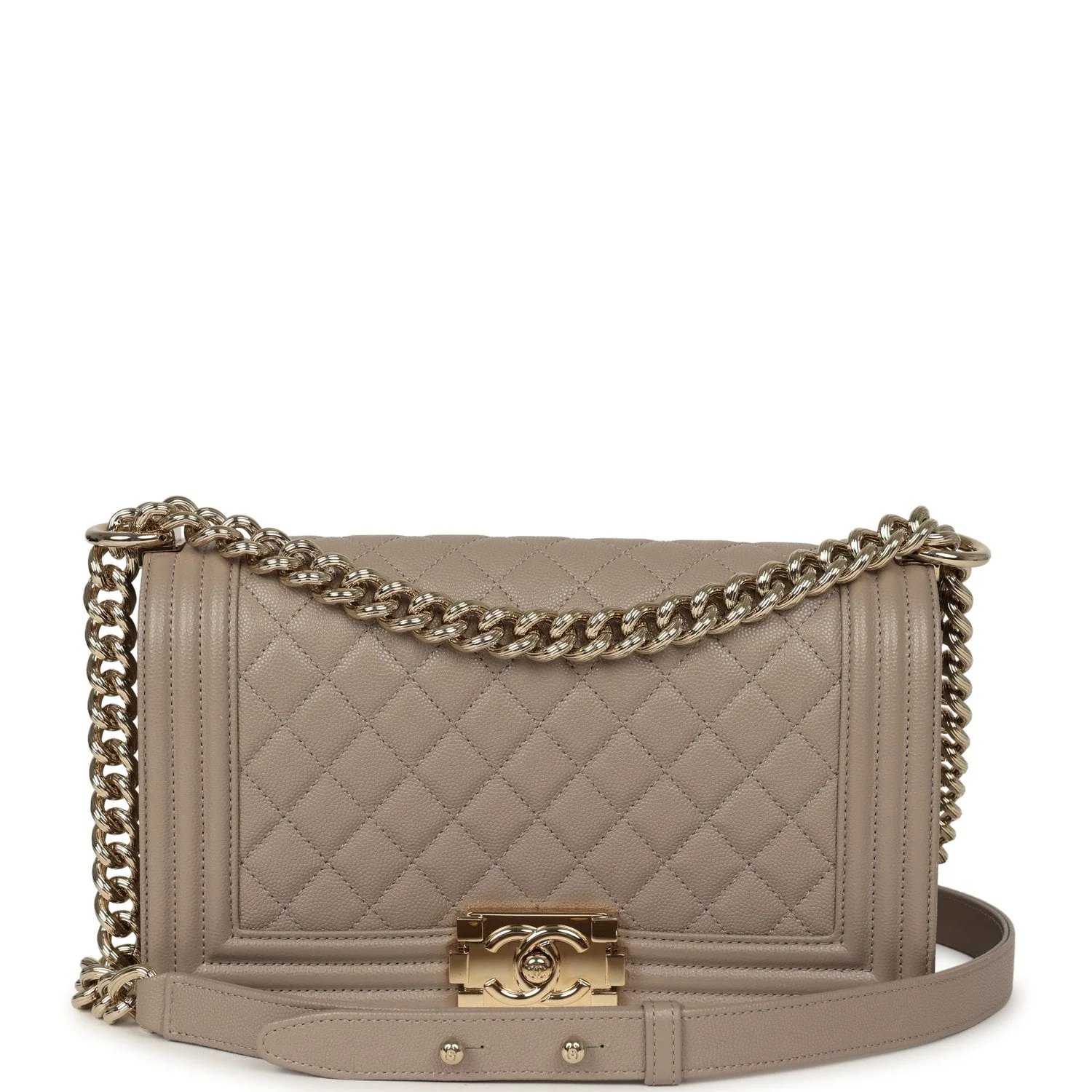 CHANEL Medium Boy Bag Dark Beige Shiny Caviar Light Gold Hardware