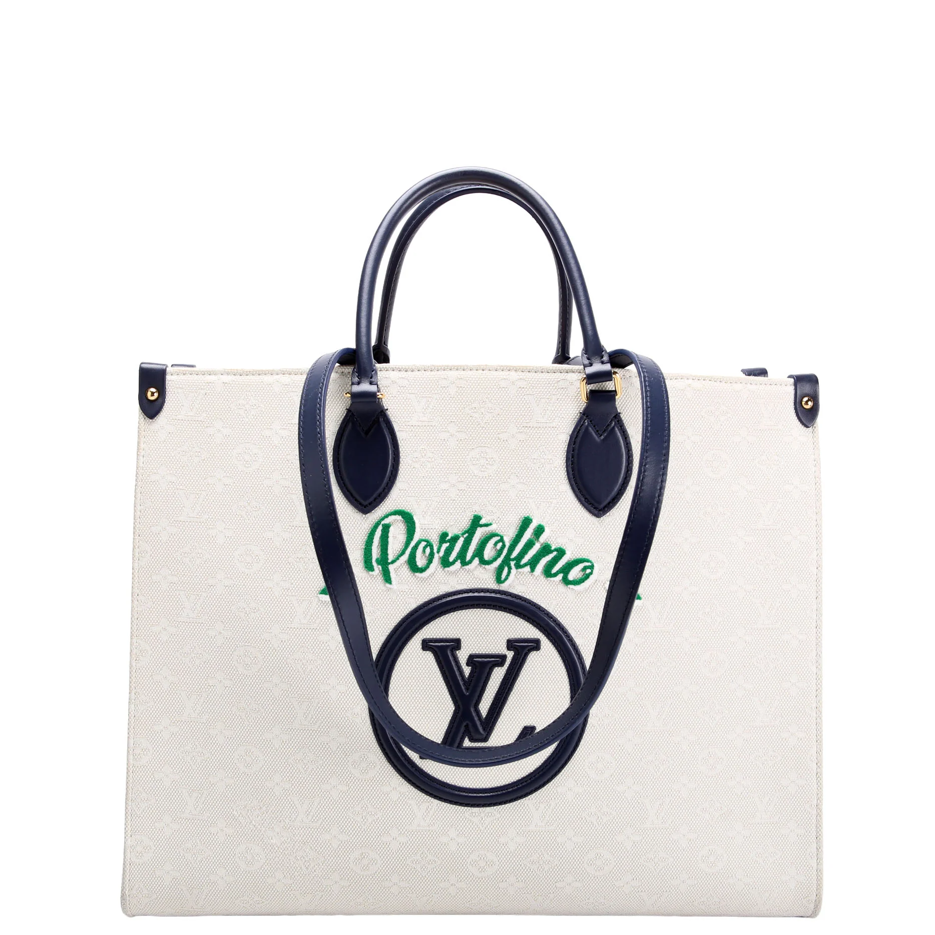 LOUIS VUITTON Onthego GM Jacquard Embroidered Tufted Monogram Portofino Navy/Cream/Green