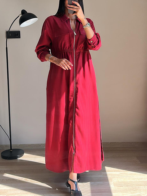 🌲🔥 Lapel Zipper Elastic Waist Pocket Dress