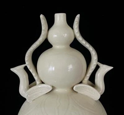 34CM Old Chinese DIng Yao Ding Kiln White Glaze Gourd Vase w/ear N32