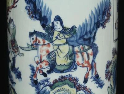 Kangxi Signed Old Chinese Blue and White Porcelain Brush Pot w/figures