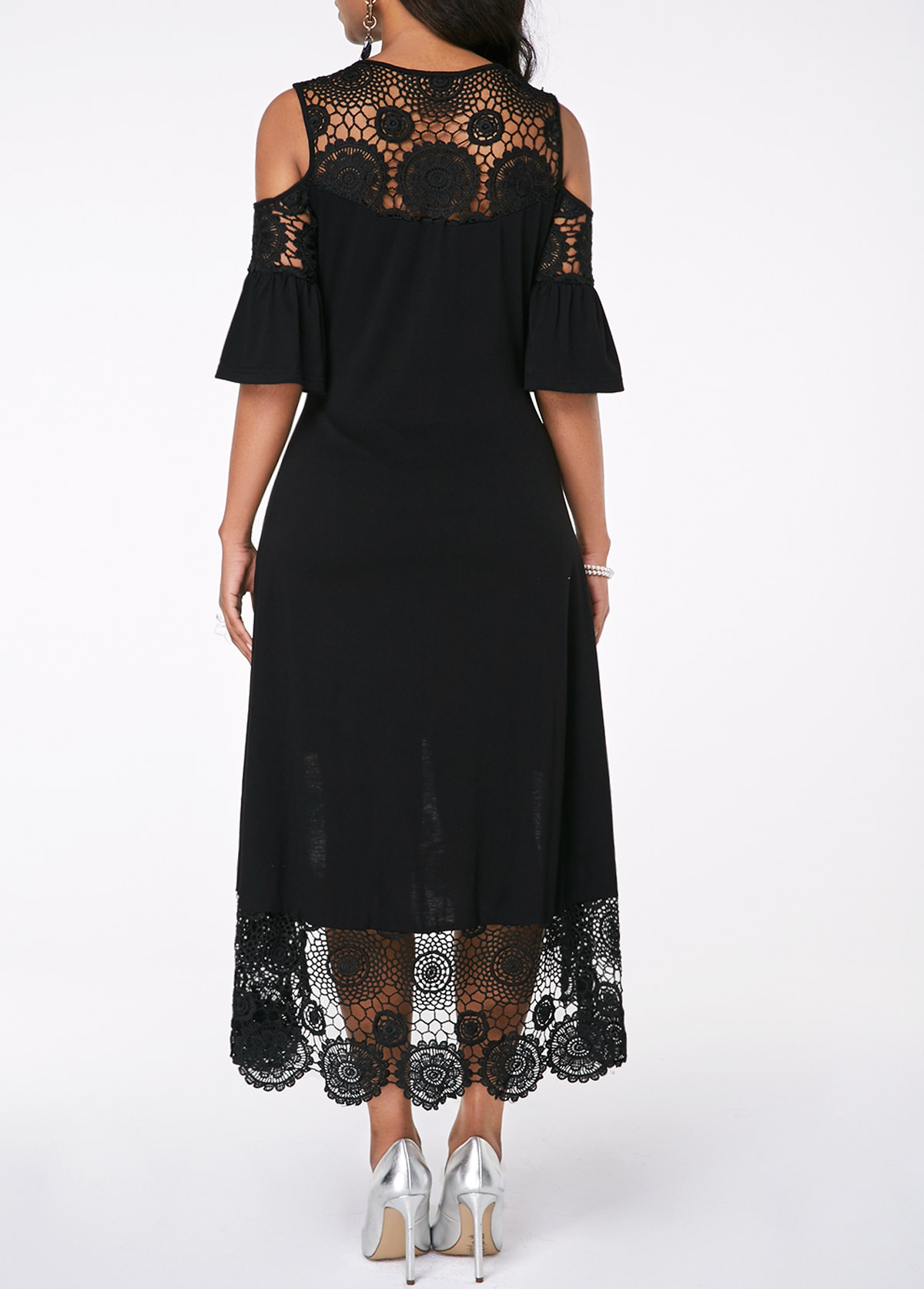 Flare Sleeve Cold Shoulder Lace Detail Dress
