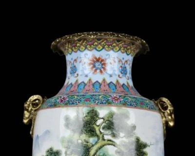 47CM Qianlong Signed Old Chinese Famille Rose Vase w/sheep N4054