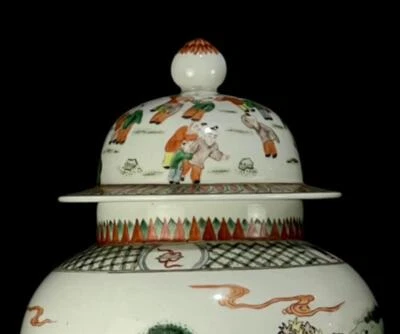 48CM Kangxi Signed Old Chinese Wucai Lid Jar Pot W/kids N1095