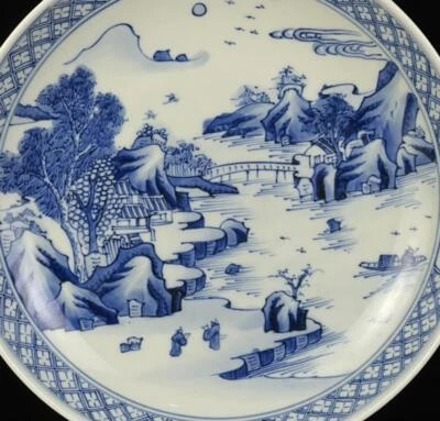 Kangxi Signed Old Chinese Blue & White Porcelain Plate Dish w/landscape Q309