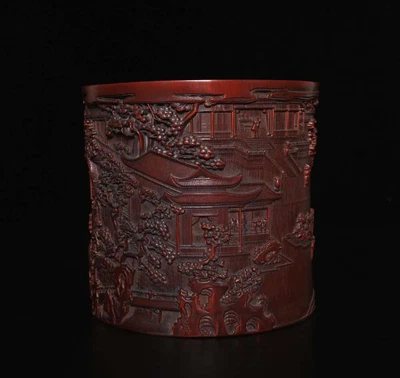 Old Chinese Bamboo Brush Pot w/landscape