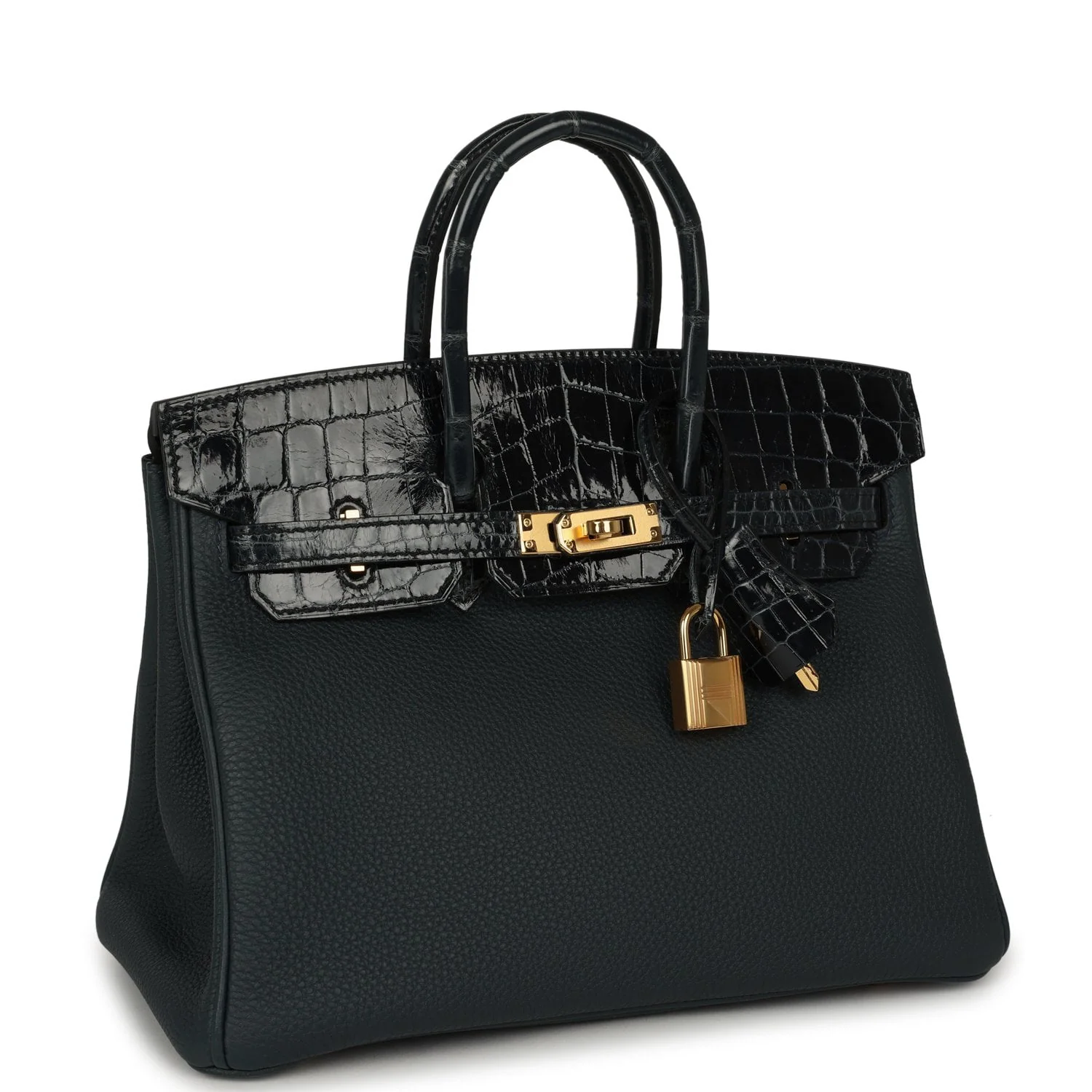 HERMÈS Birkin 25 Vert Rousseau Togo, Shiny Niloticus Crocodile Touch Gold Hardware