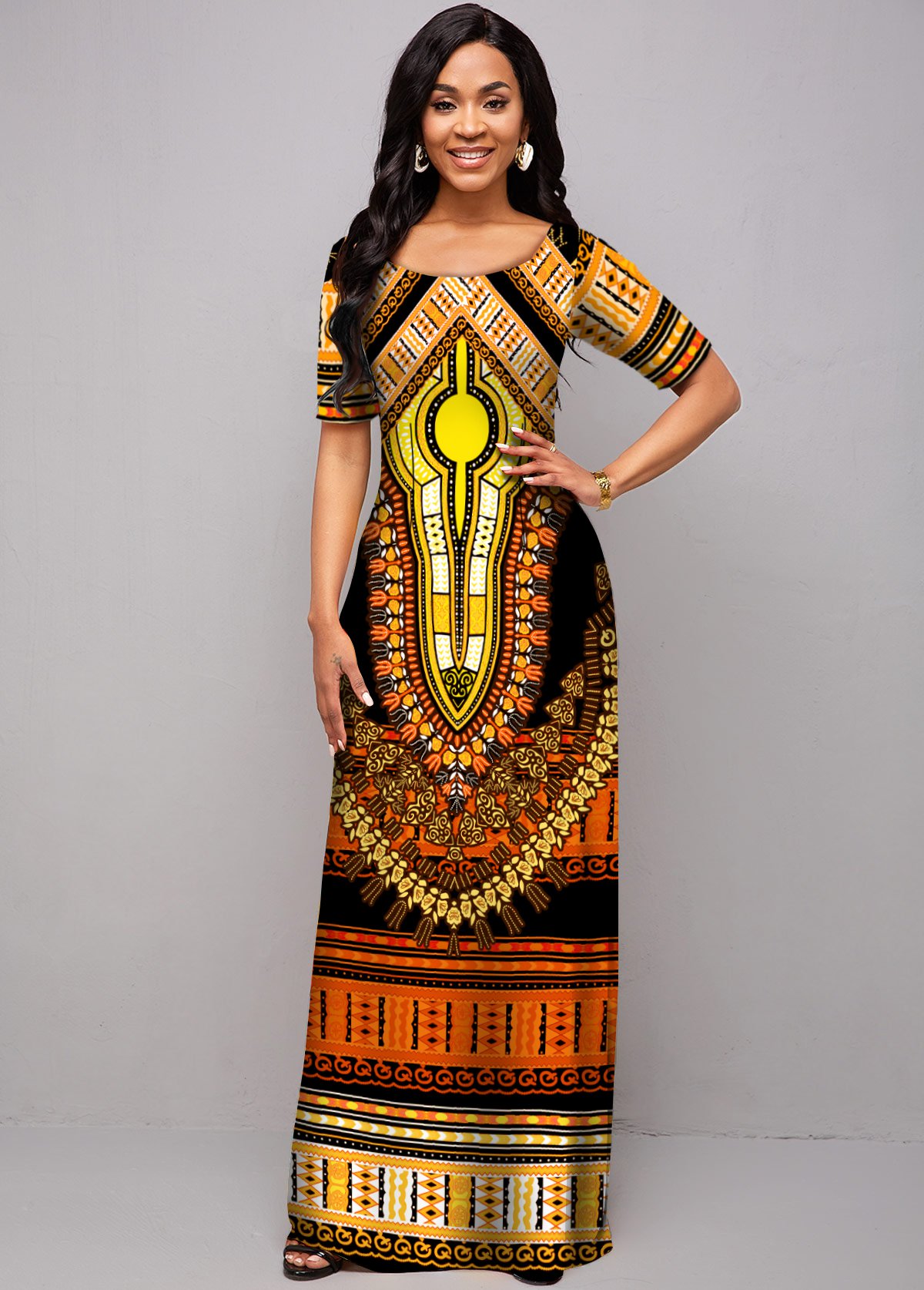 Short Sleeve Tribal Print Round Neck Dress