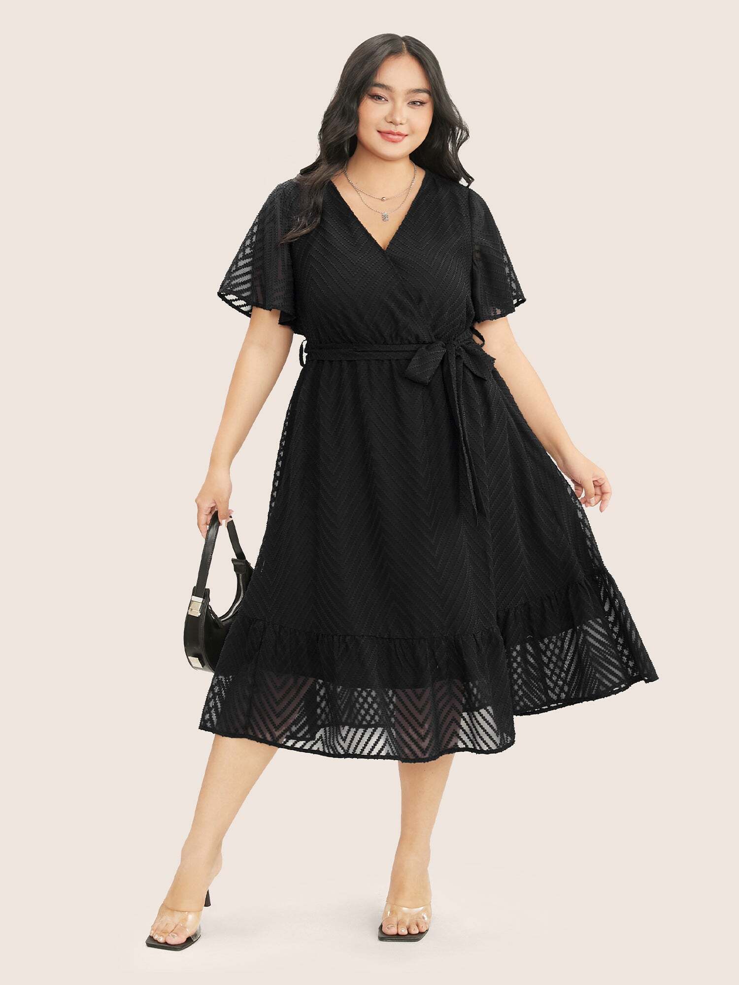 Plain Geometric Pocket Mesh Ruffle Sleeve Belted Wrap Dress