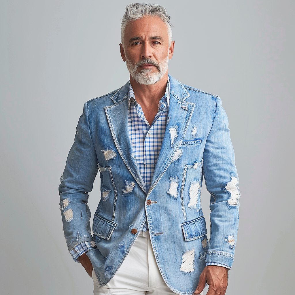 Men's Notched Lapel Two Button Ripped Denim Blazer