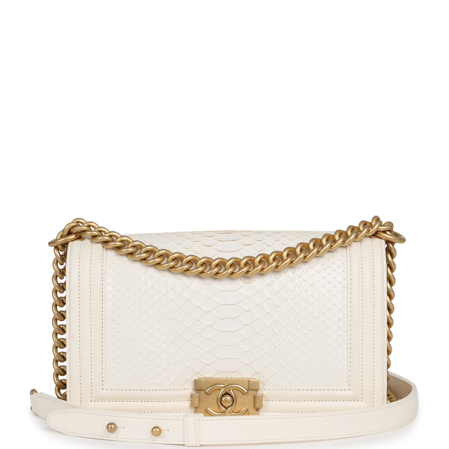 Chanel Medium Boy Bag Ivory Python Antique Gold Hardware