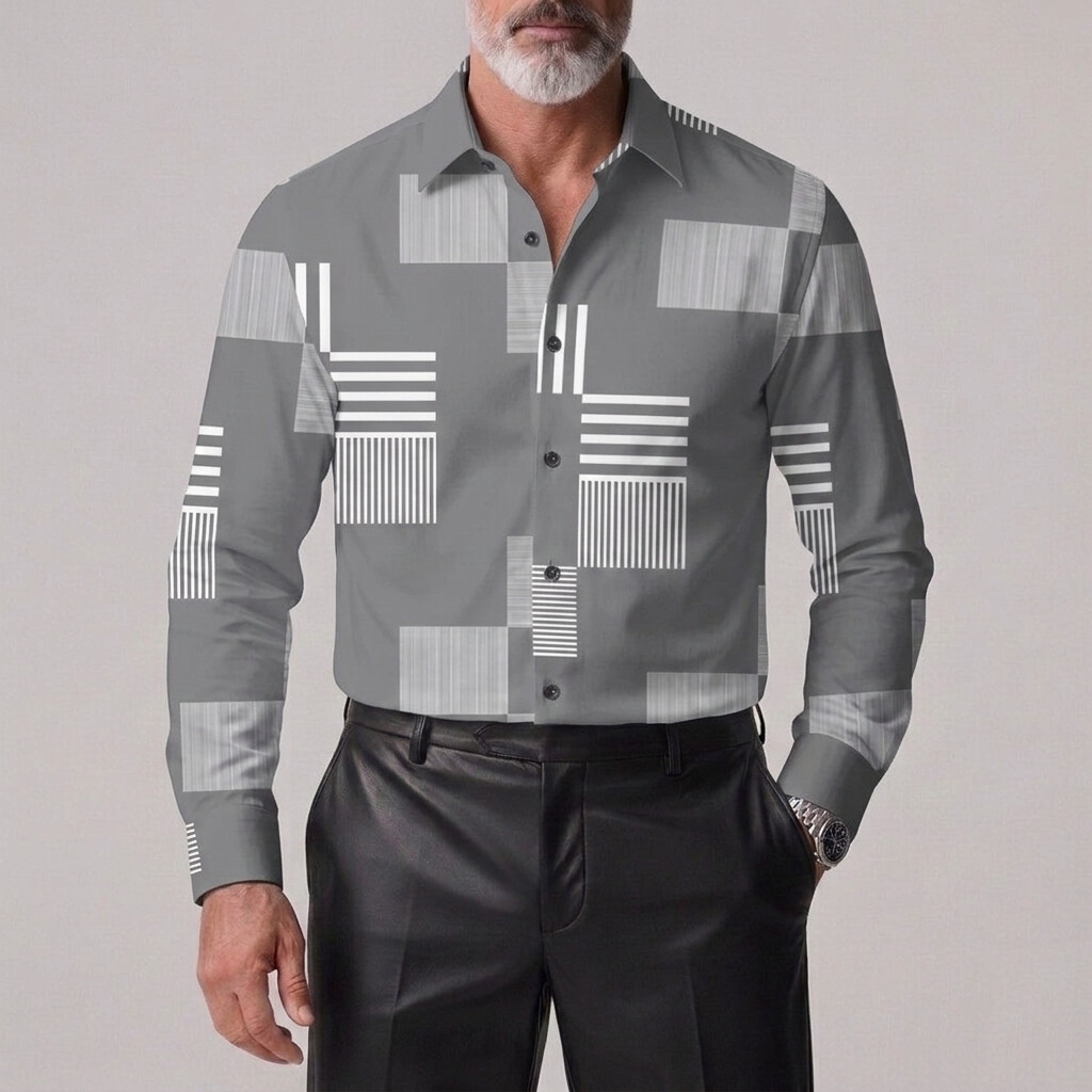Men's Business Casual Geometric Print Single Breasted Long Sleeve Shirt