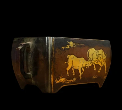 Xuande Signed Old Chinese Red Copper Handmade Incense Burner w/cow N3858