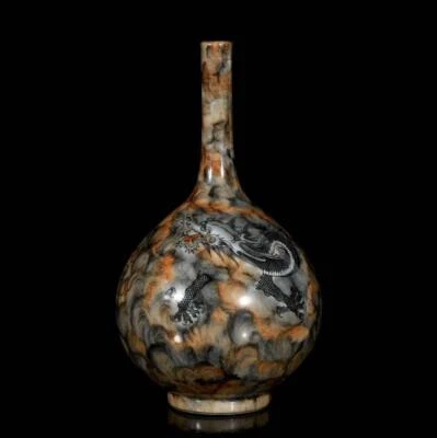 Pair Qianlong Signed Old Chinese Ink Color Vase W/dragon N3508