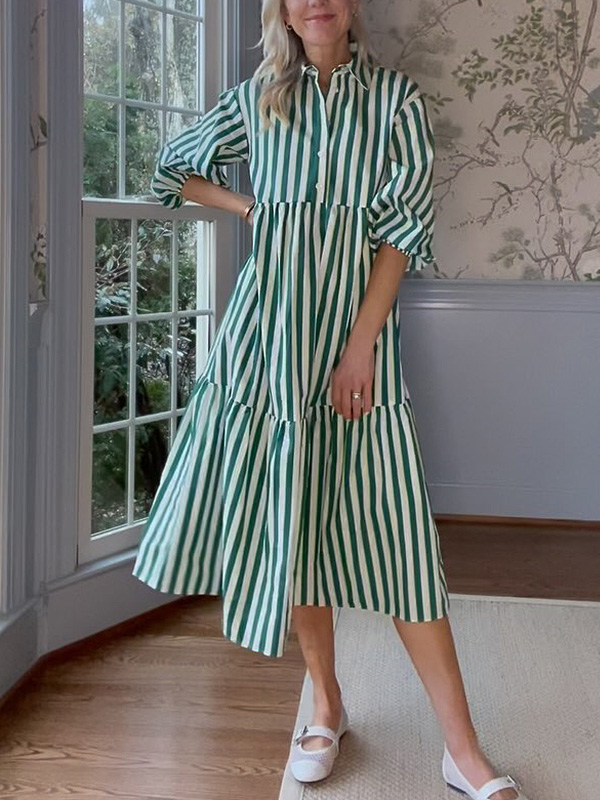 NEW🔥 Thick Striped 3/4 Blouson Sleeves Dress