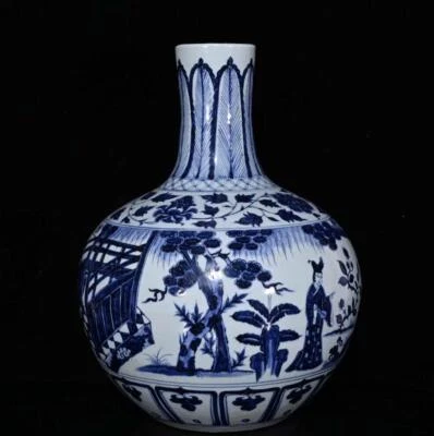 41CM Old Chinese Blue & White Porcelain Vase w/ figure N8