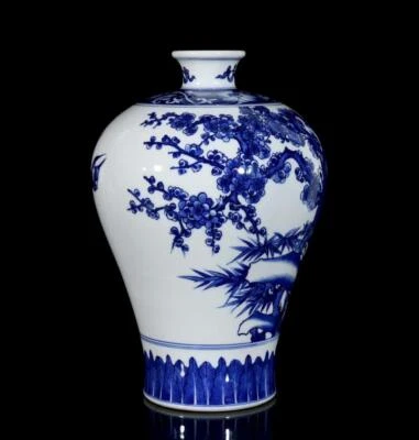 31CM Kangxi Singed Old Chinese Blue&White Vase W/bird N3338