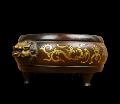 Yingweizhai Signed Old Chinese Red Copper Handmade Incense Burner w/lion N3869