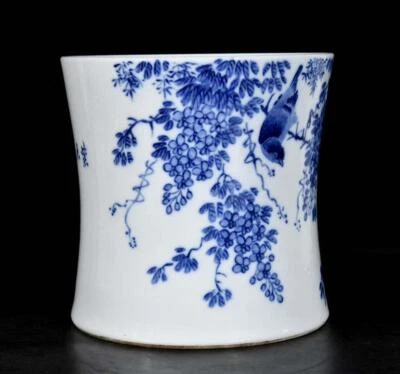 Wang Bu Signed Old Chinese Blue and White Brush Pot W/ bird N3234