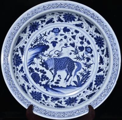 44CM Old Chinese Blue and White Dish Plate W/ kylin N447