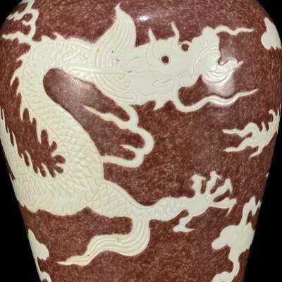 30CM Yongle Signed Old Chinese Underglaze Red Vase W/dragon N1048