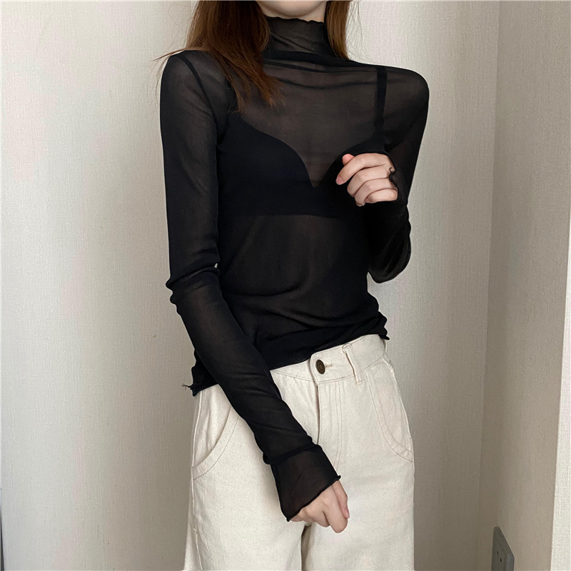 Slim-fit turtleneck inner long-sleeved lace bottoming shirt Women's thin mesh top autumn and winter black wooden ear gauze shirt Women