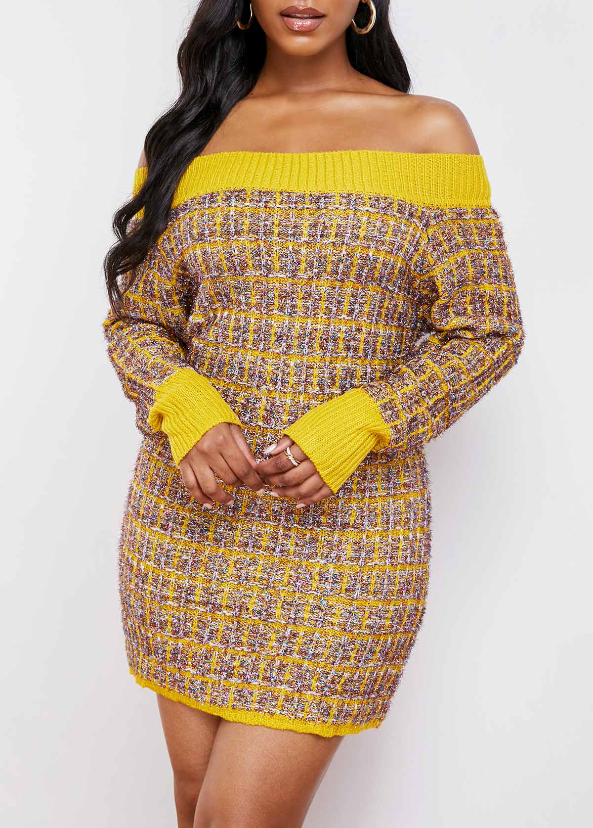 Off Shoulder Long Sleeve Contrast Sweater Dress