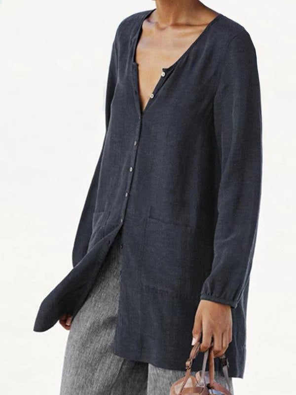 Two Pockets Solid Color V-Neck Long-Sleeved Shirt