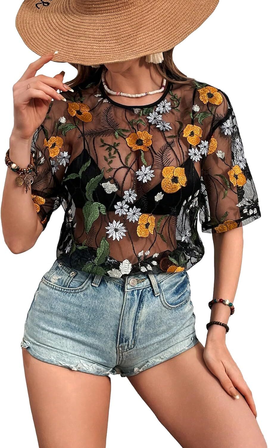 MakeMeChic Women's Summer Short Sleeve Tops See Through Mesh Sheer Sexy T Shirt Blouse